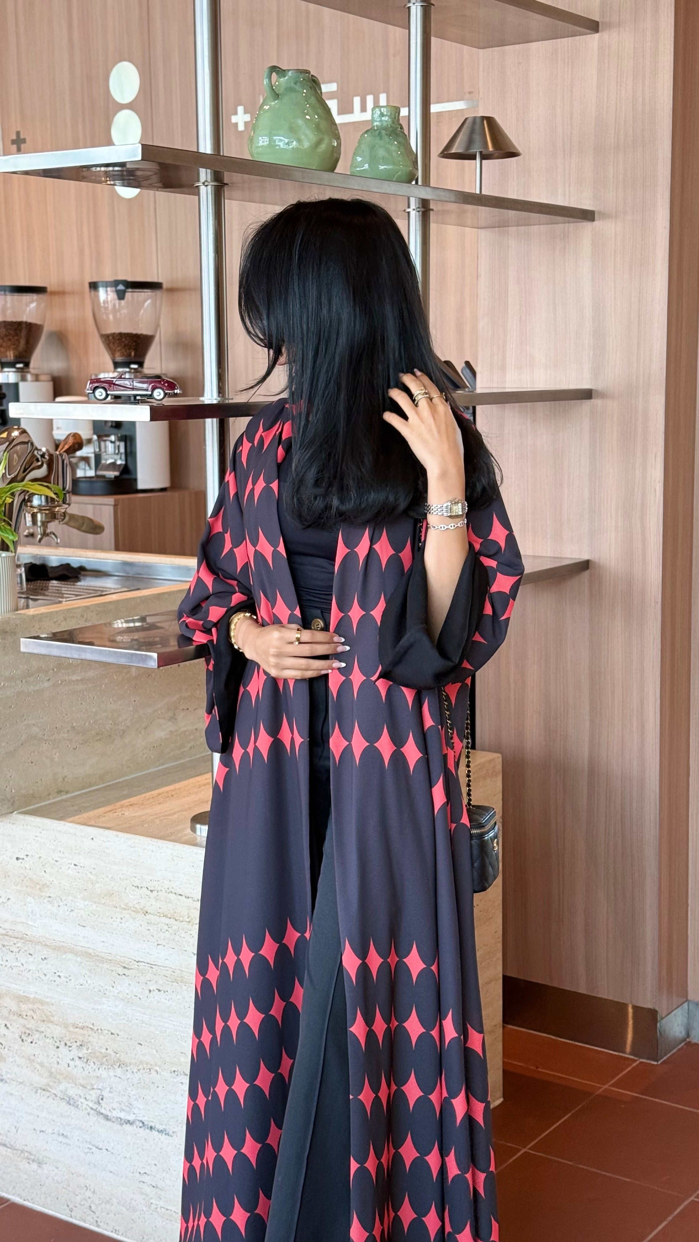 FAB335-Red & Black Diamond Print Straight-Cut Abaya with Matching Headscarf