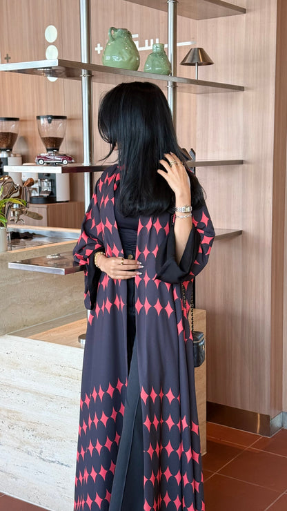 FAB335-Red & Black Diamond Print Straight-Cut Abaya with Matching Headscarf