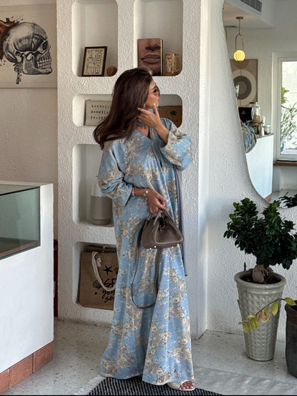 FAB300- Yellow and Blue Lace and Linen Summer A-Cut Abaya