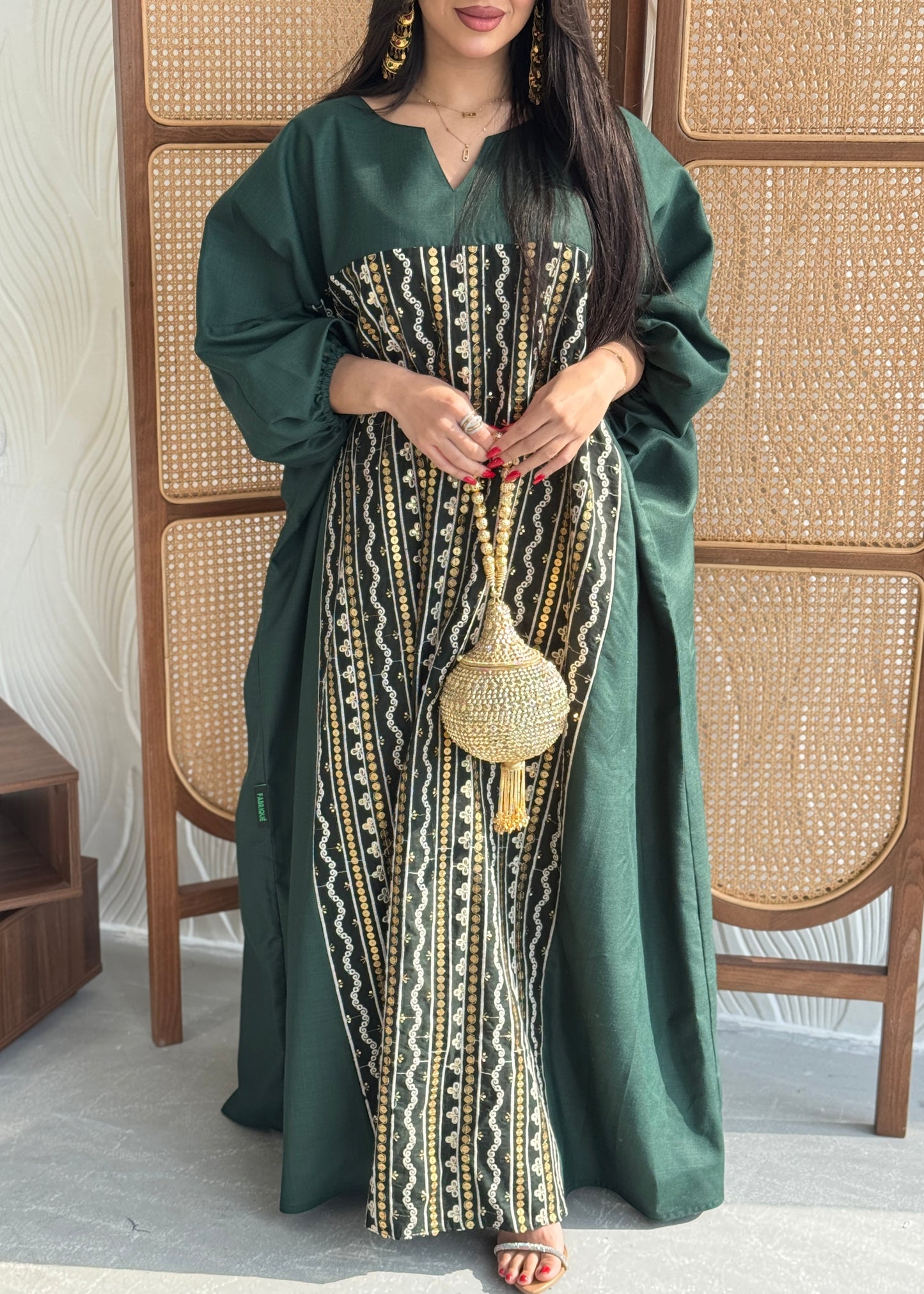 FAB266- Green free-size linen jalabiya with elegant gold embroidery