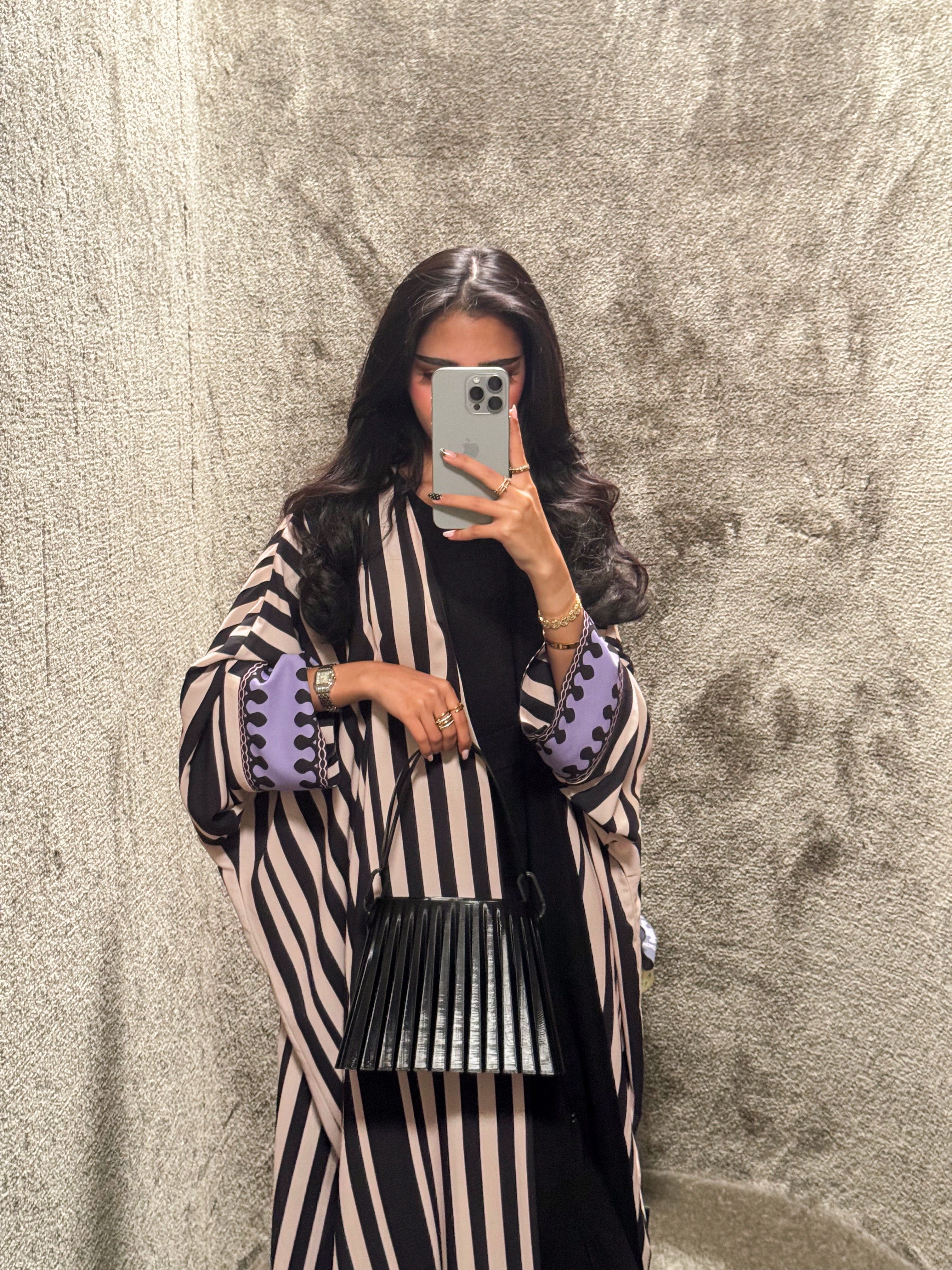 FAB321-Purple Black & Light Beige Striped Half Bisht-Cut Abaya with Neon border print