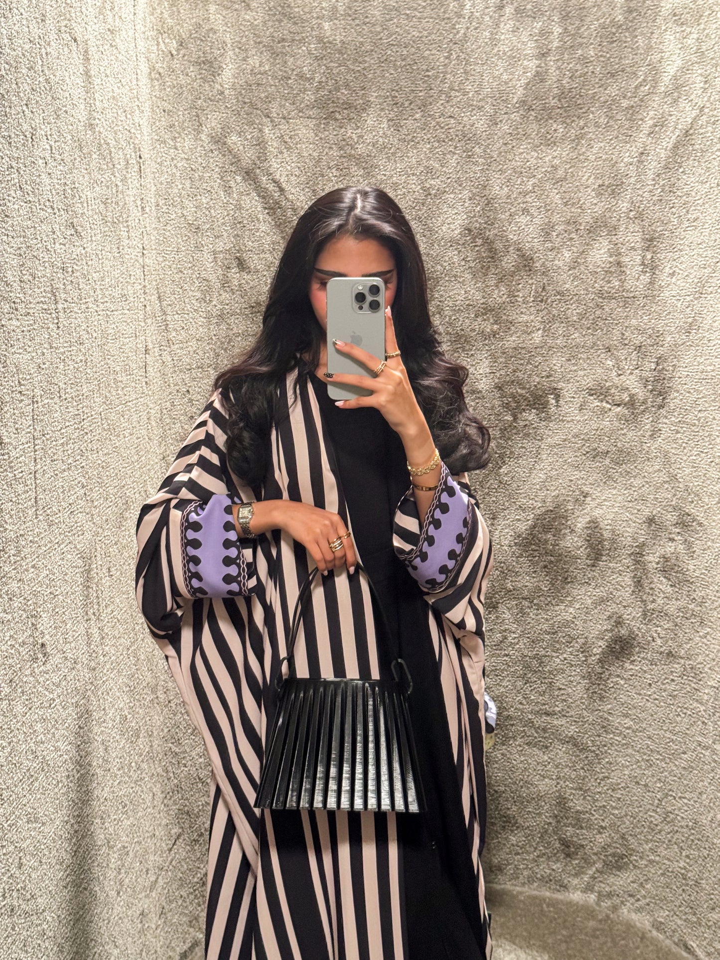 FAB321-Purple Black & Light Beige Striped Half Bisht-Cut Abaya with Neon border print