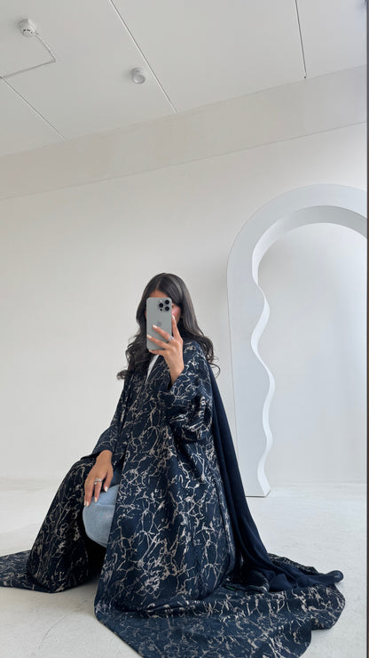 FAB207-Navy Blue Metallic Crepe Silk A-Cut Abaya with headscarf