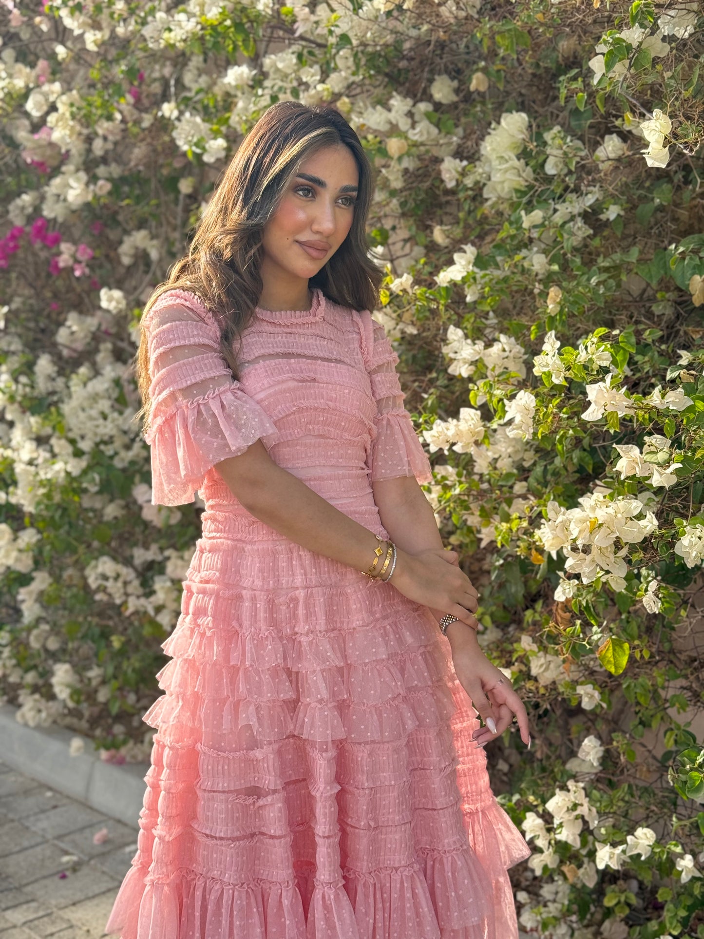 Pink Tulle Short Sleeve Dress