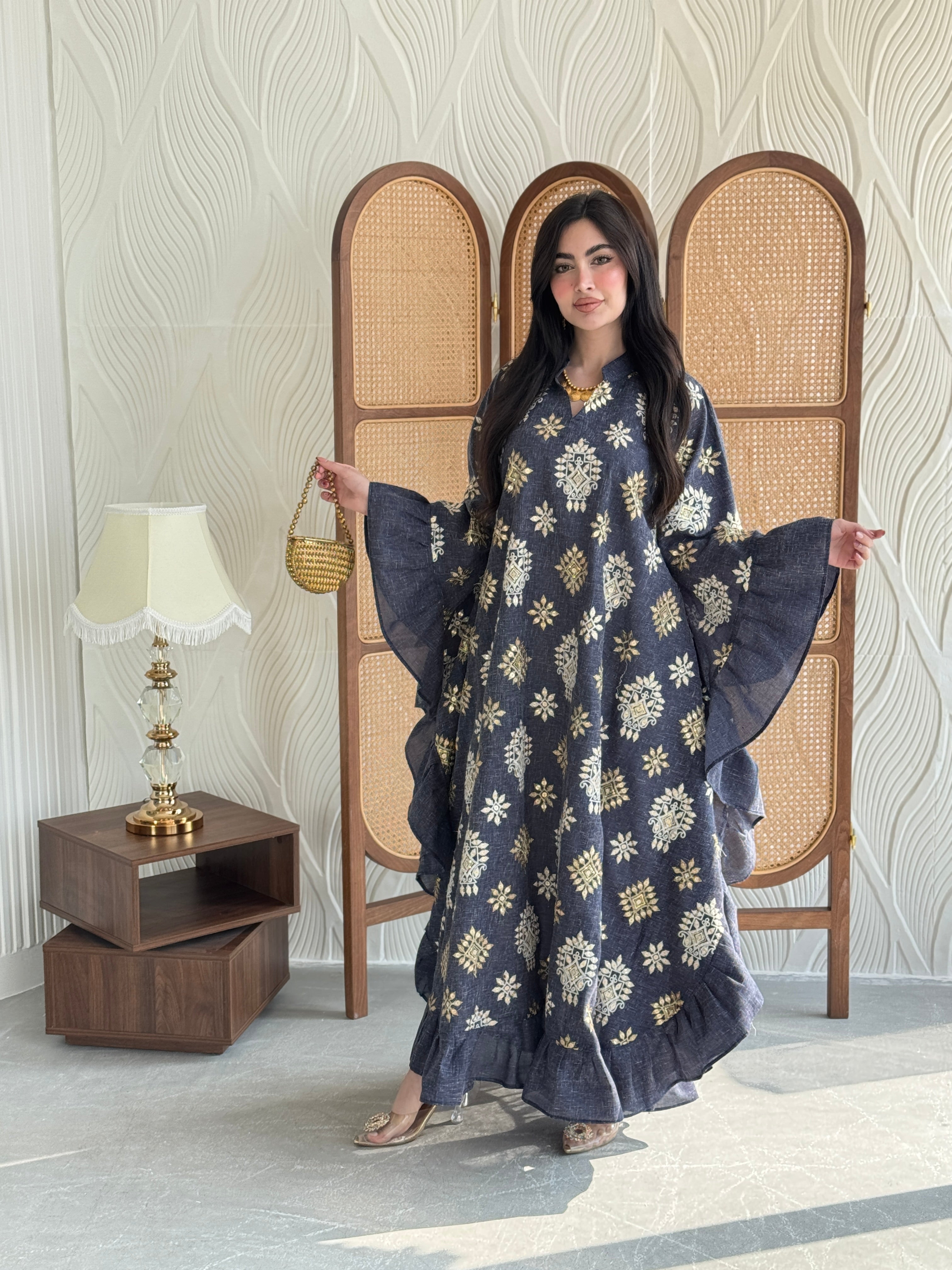 FAB271-Grey Linen Embroidered Butterfly-Cut Jalabiya with Ruffled Sleeves