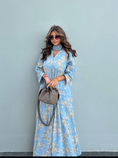 FAB300- Yellow and Blue Lace and Linen Summer A-Cut Abaya