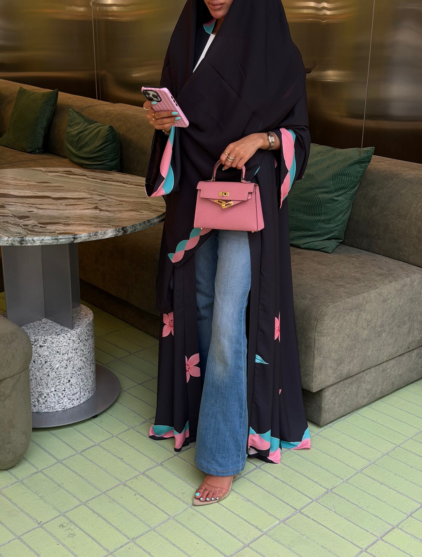 FAB324-Black Pink and Green Floral Print abaya and headscarf- Straight Cut