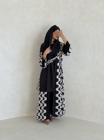 FAB344- White and Black Waves Printed Straight-Cut Abaya and matching headscarf