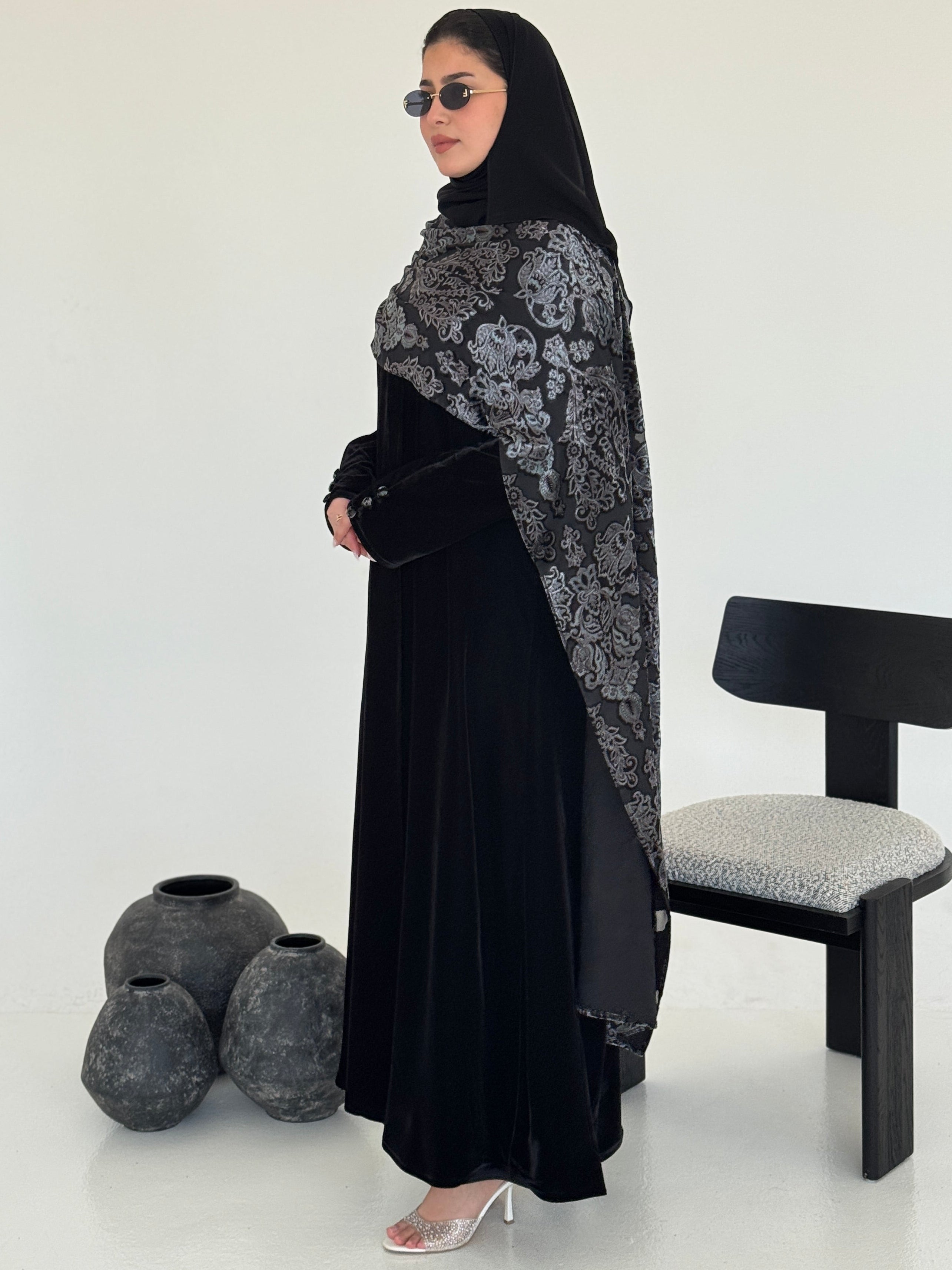 FAB230- Black Velvet Abaya with Grey Velvet Chiffon Shawl with matching headscarf
