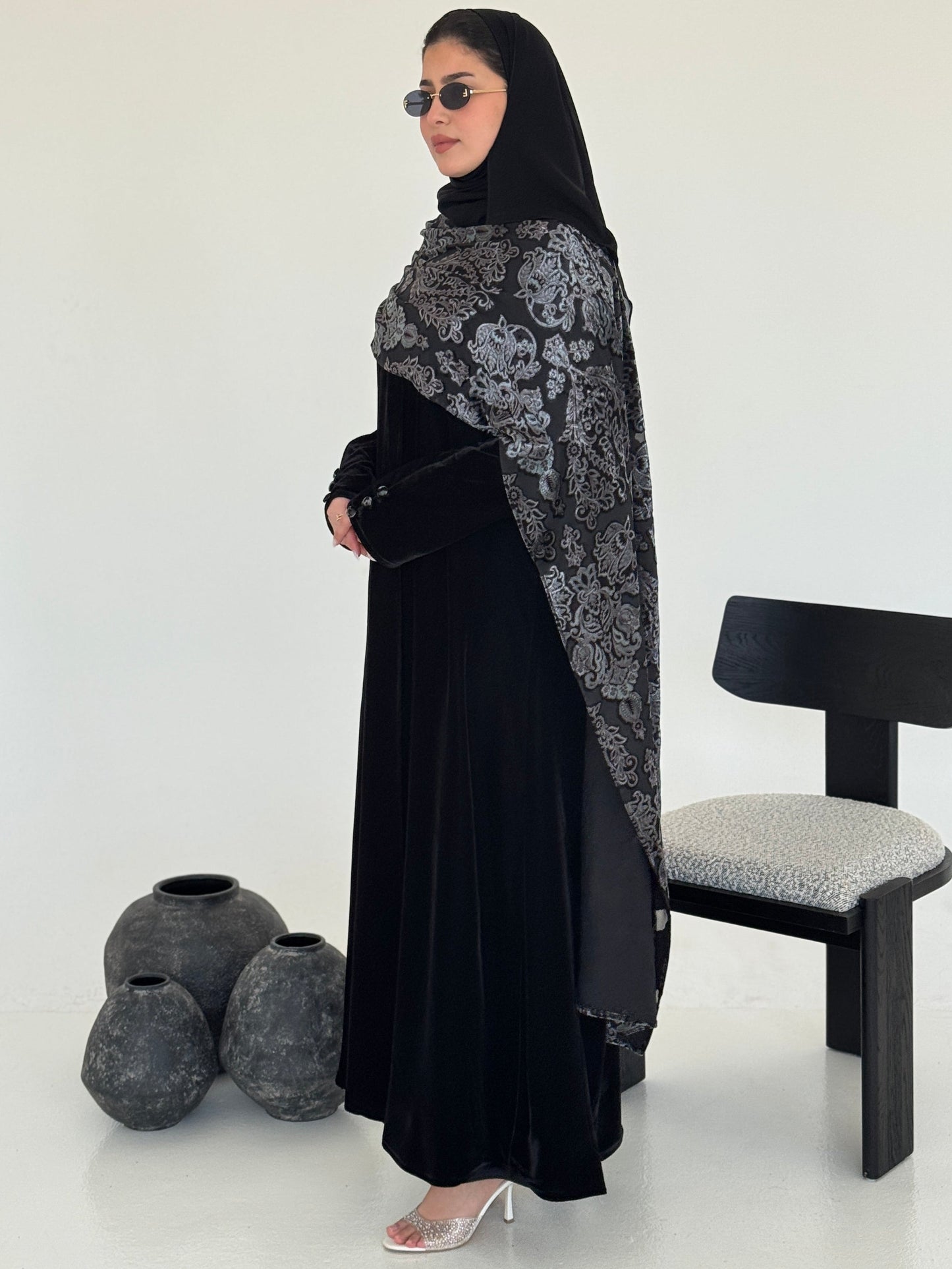FAB230- Black Velvet Abaya with Grey Velvet Chiffon Shawl with matching headscarf