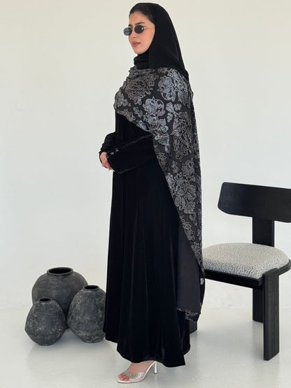 FAB230- Black Velvet Abaya with Grey Velvet Chiffon Shawl with matching headscarf