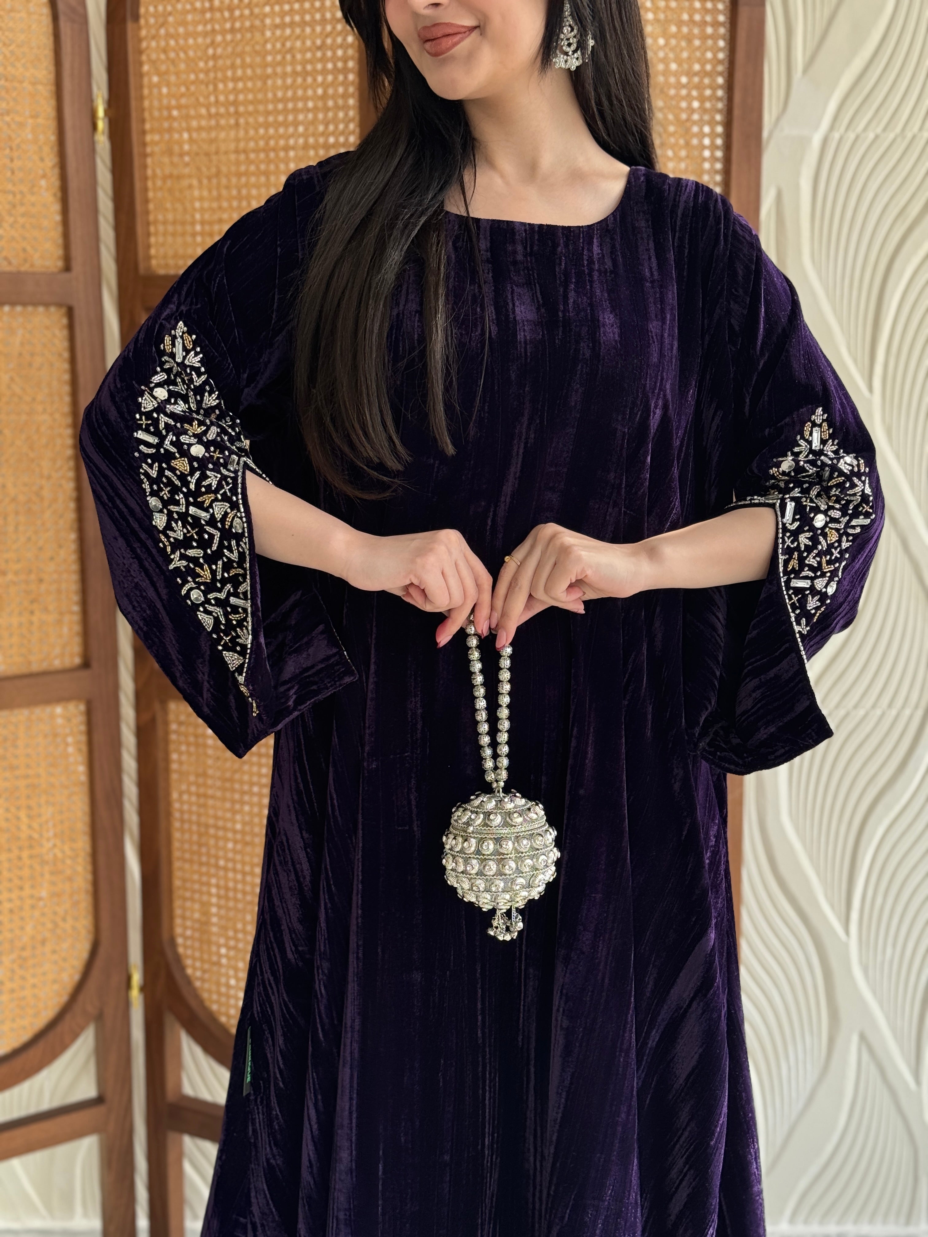 FAB250-Purple Velvet Crystals Embroidered A-Cut Jalabiya