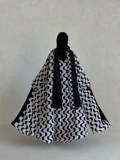 FAB344- White and Black Waves Printed Straight-Cut Abaya and matching headscarf