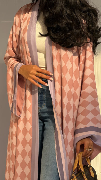 FAB316- Pink & Purple Checkered Print A-Cut Chiffon Silk Abaya