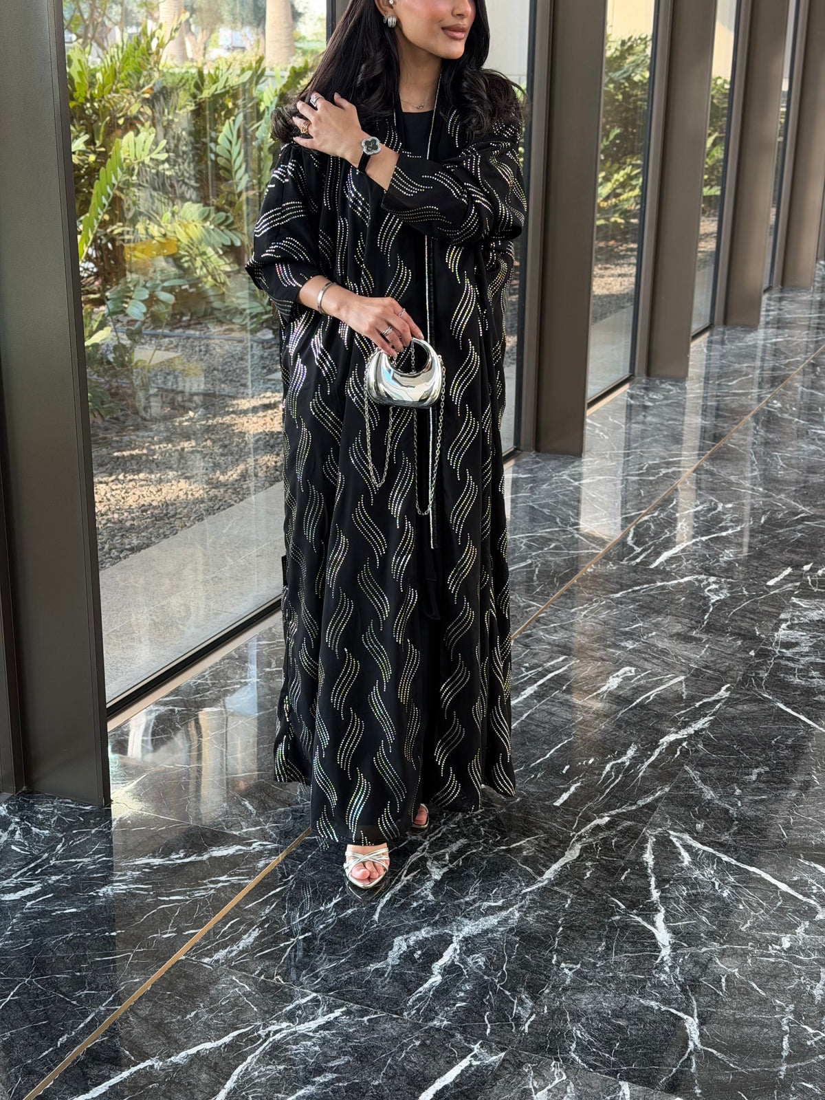 FAB339 – Elegant Black Chiffon Abaya with Silver Naqda Embroidery, Half-Bisht Cut & Matching Headscarf