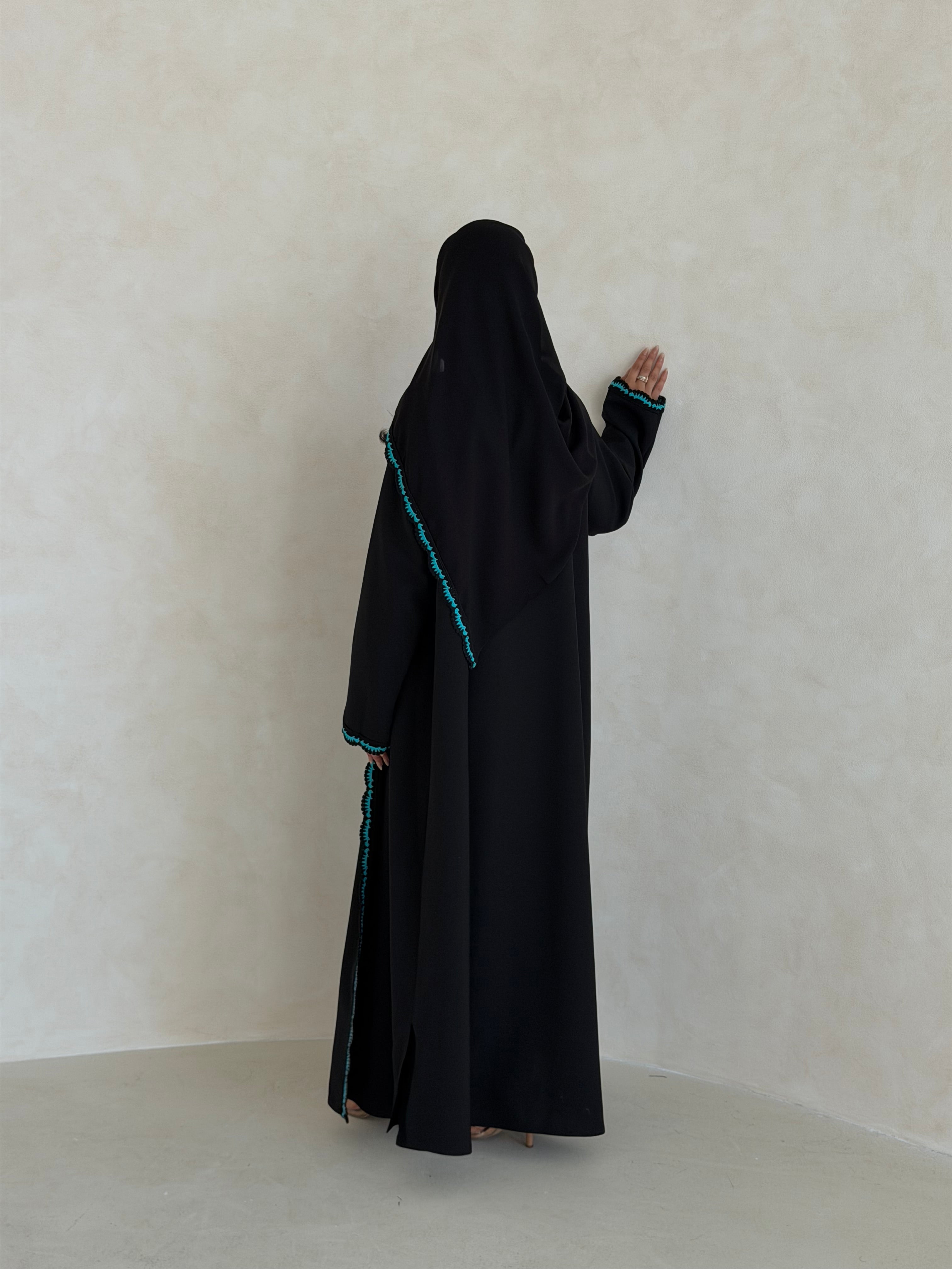 FAB347- Tiffany Crochet Black Crepe Klosh-Cut Abaya with Headscarf