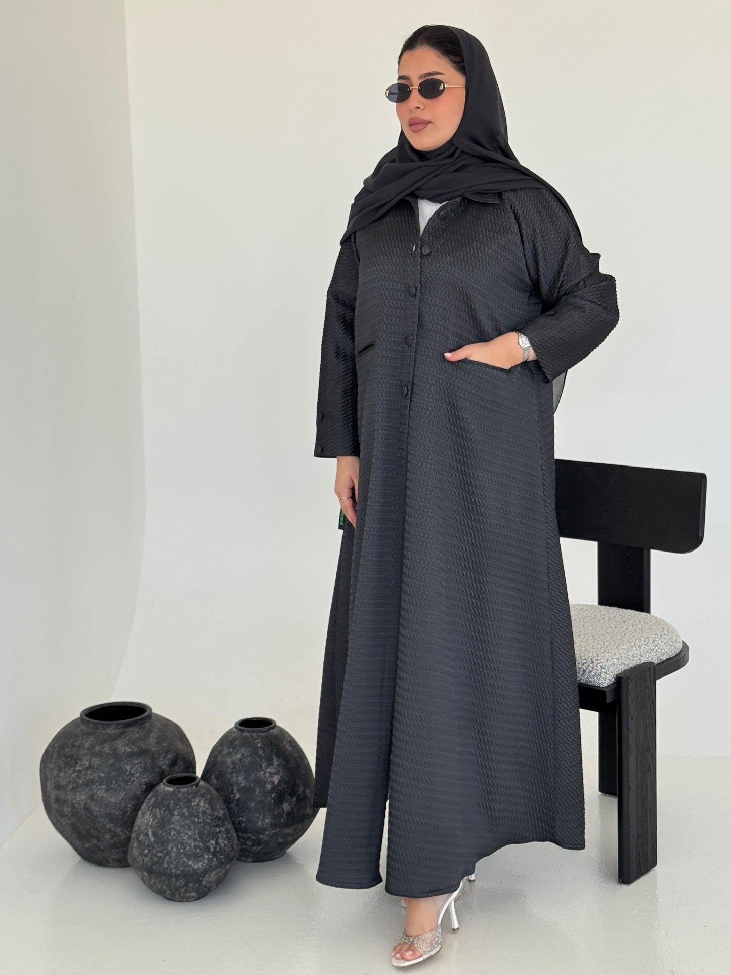 FAB227-Grey Textured Classic Jacquard Abaya with headscarf