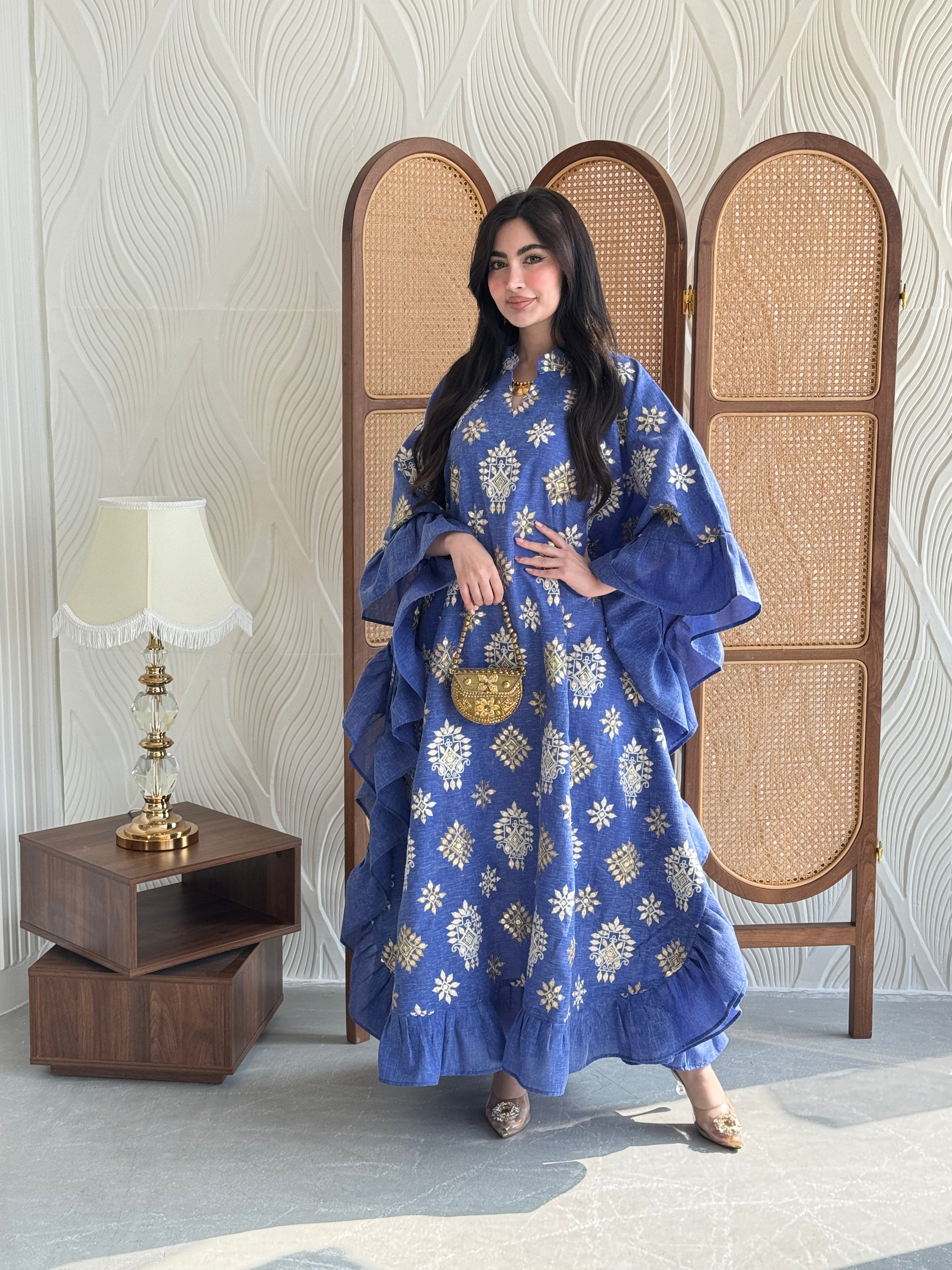 FAB273-Blue Linen Embroidered Butterfly-Cut Jalabiya with Ruffled Sleeves