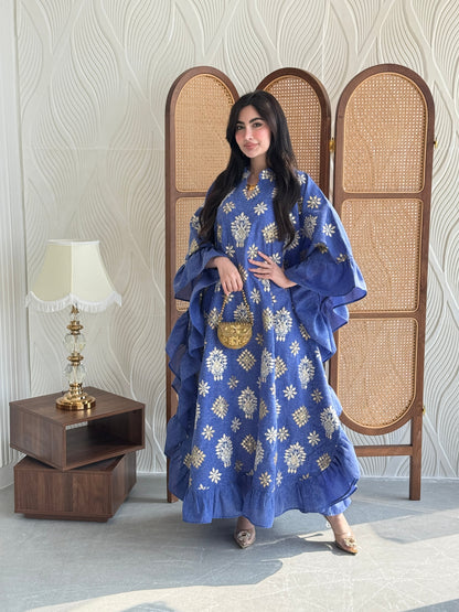 FAB273-Blue Linen Embroidered Butterfly-Cut Jalabiya with Ruffled Sleeves