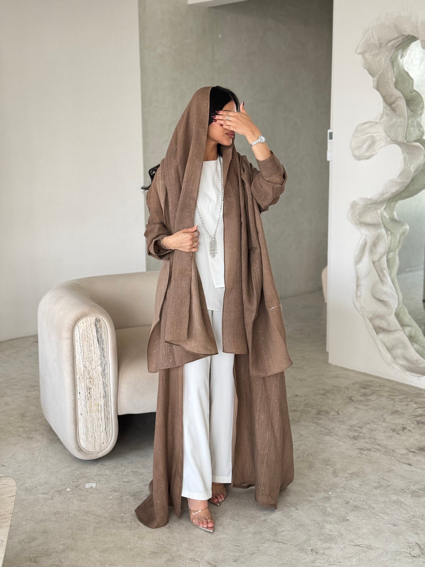 FAB170- Camel Linen Glitter A-Cut Abaya Set