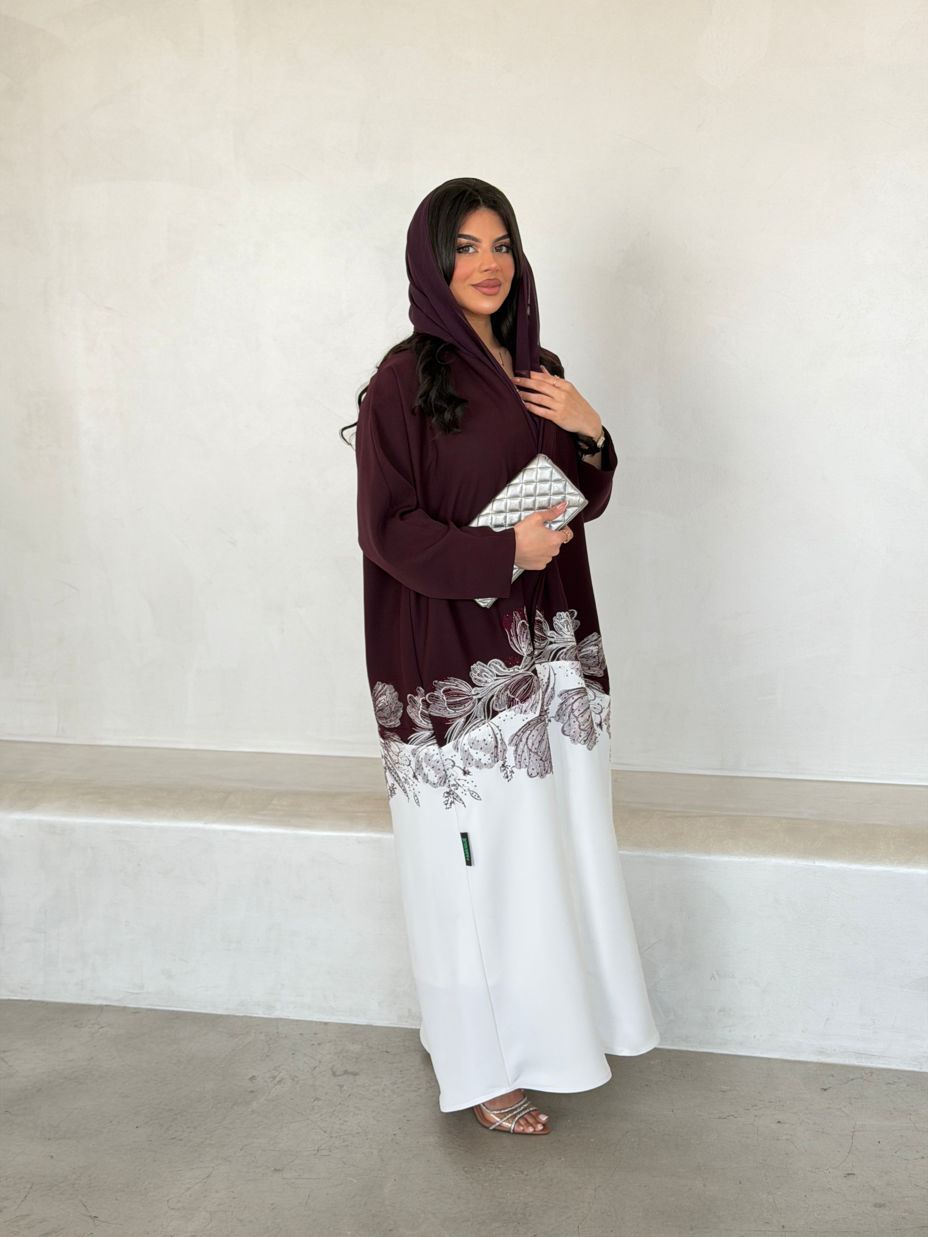 FAB293- Burgundy & White Crepe Crystal Embroidered Abaya
