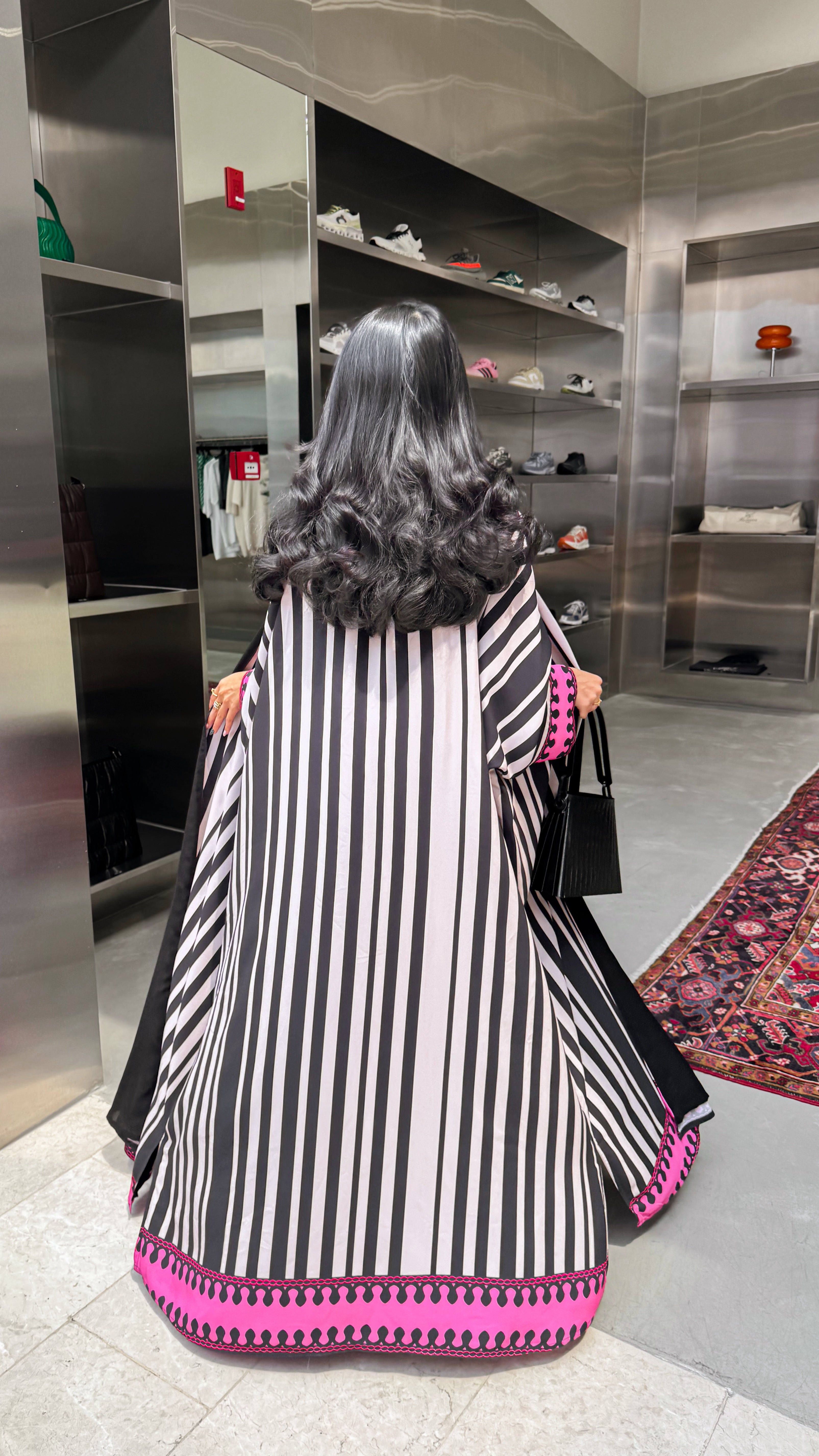 FAB320-Fuchia Black & Light Beige Striped Half Bisht-Cut Abaya with Neon border print