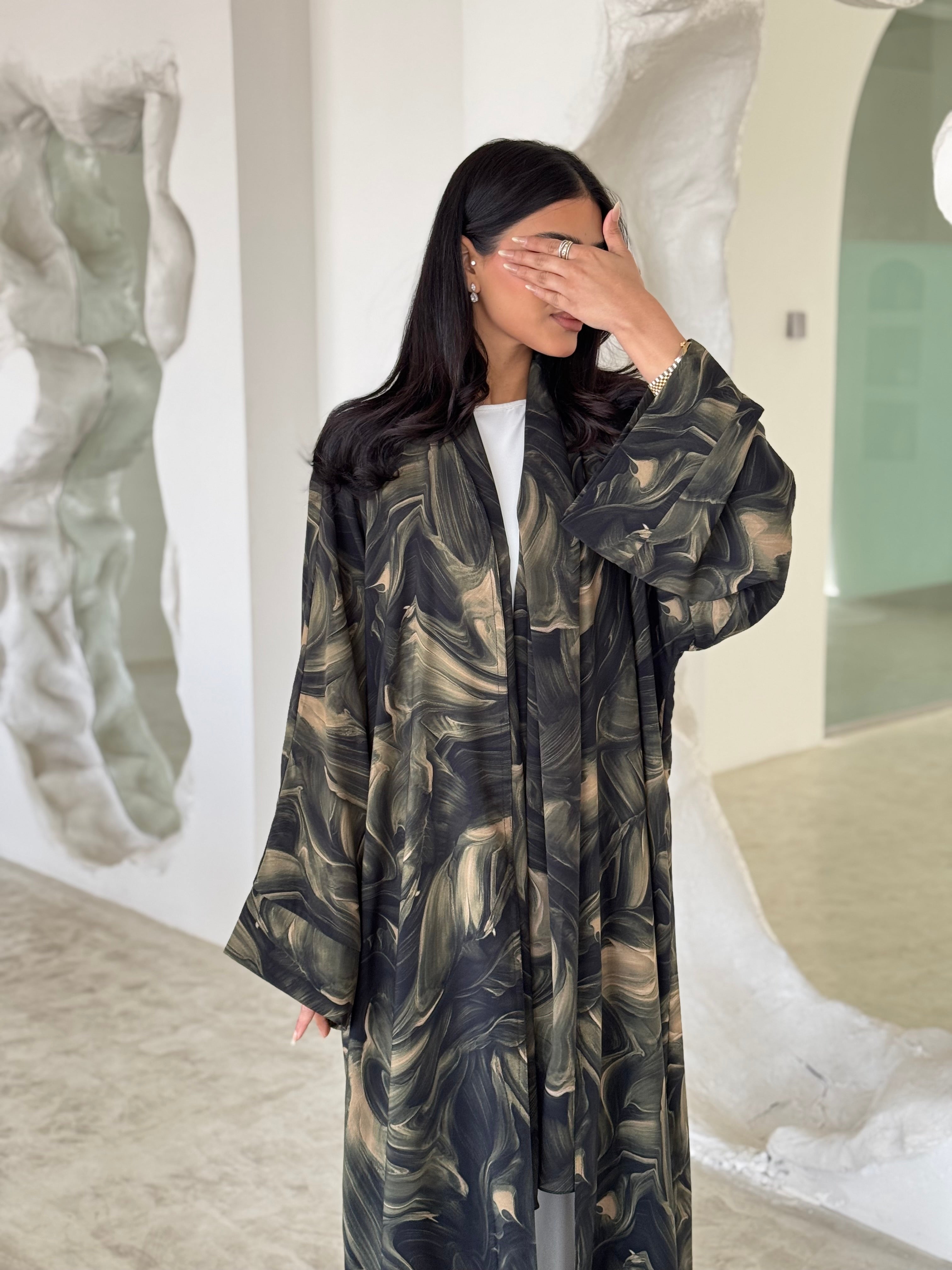 FAB172- Green Pattern Crepe Summer Abaya with matching headscarf