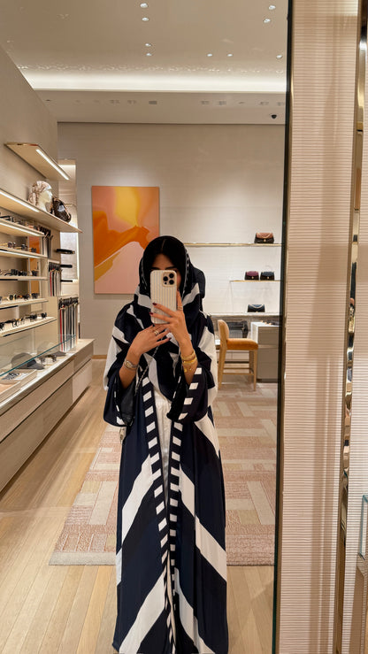 FAB303- Blue & Black Print Chiffon Silk A-Cut Abaya Set