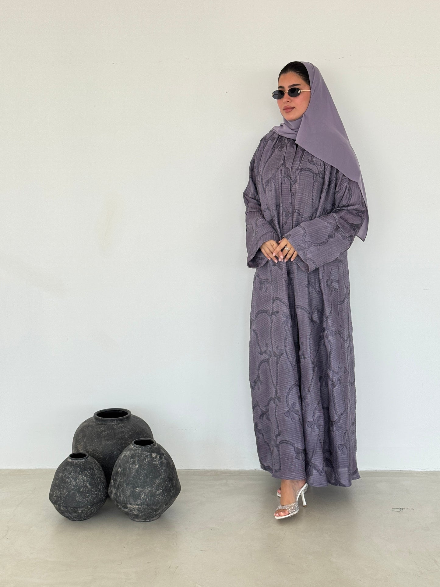 FAB219- Purple Ribbon Embroidery Linen Abaya with headscarf