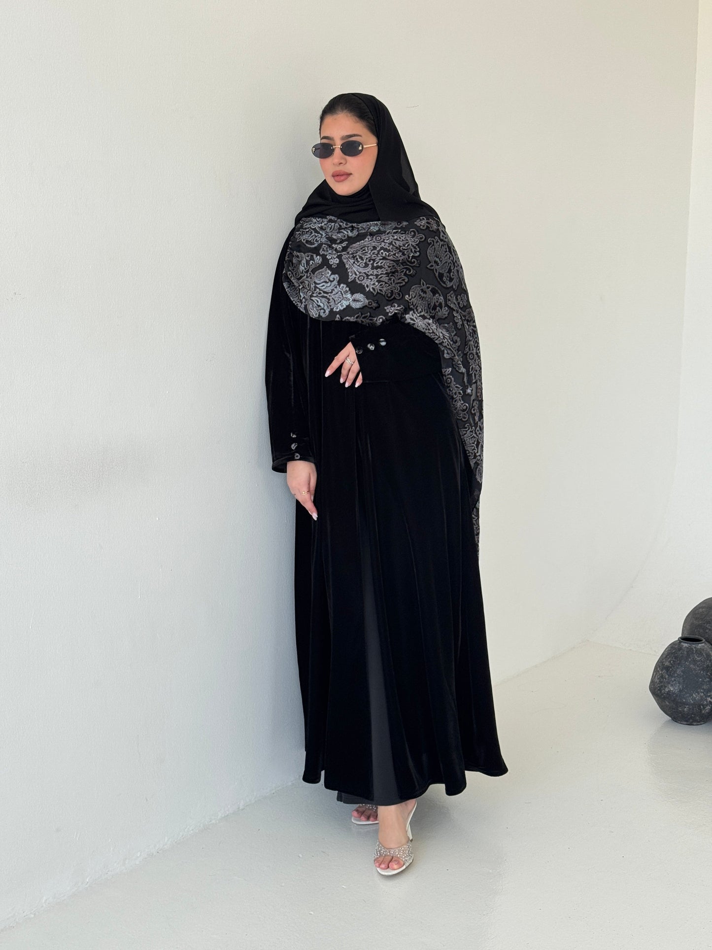 FAB230- Black Velvet Abaya with Grey Velvet Chiffon Shawl with matching headscarf