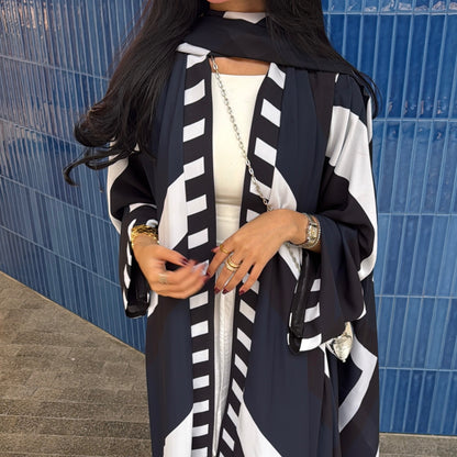 FAB303- Blue & Black Print Chiffon Silk A-Cut Abaya Set