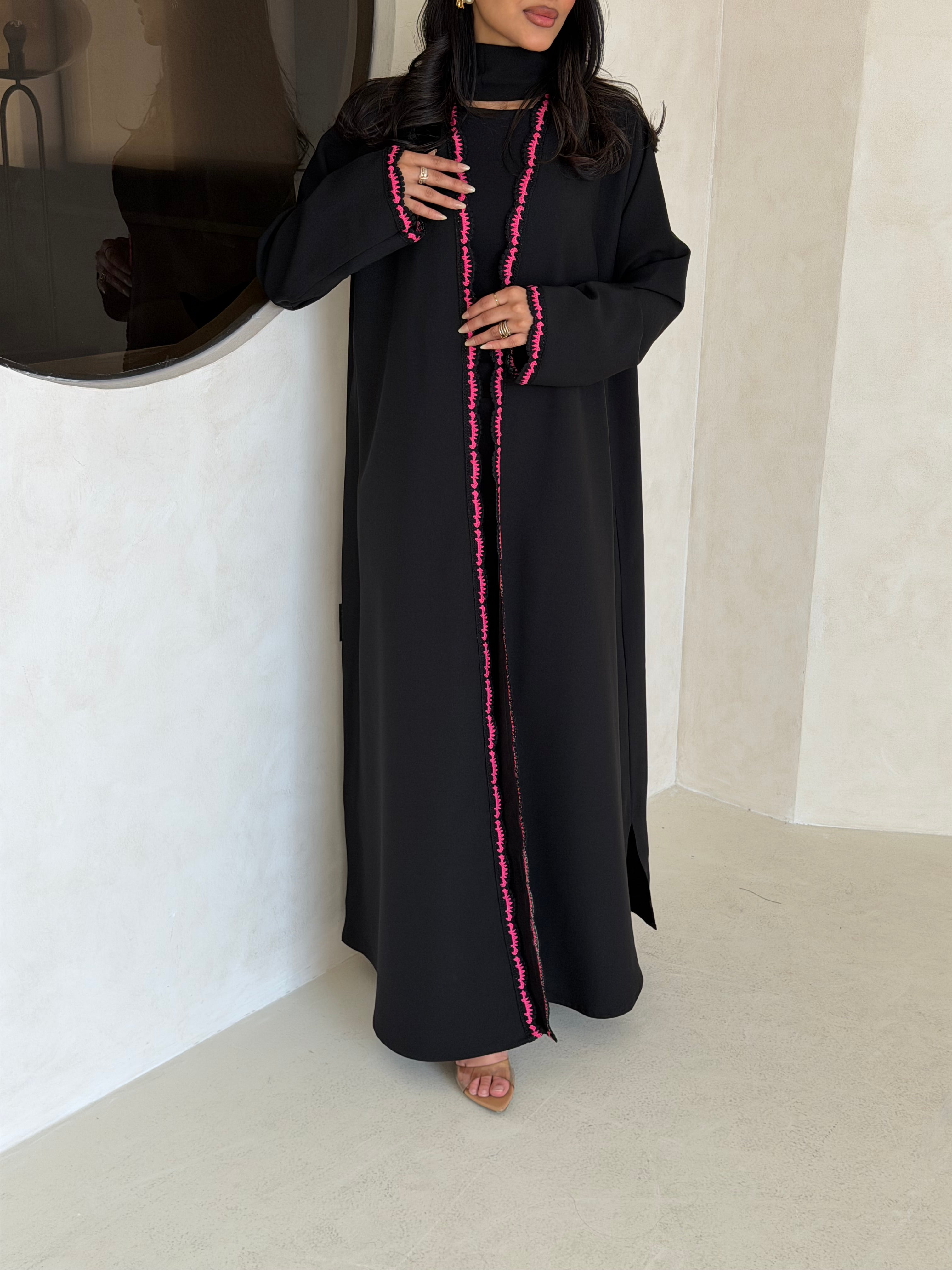 FAB346- Pink Crochet Black Crepe Klosh-Cut Abaya with Headscarf