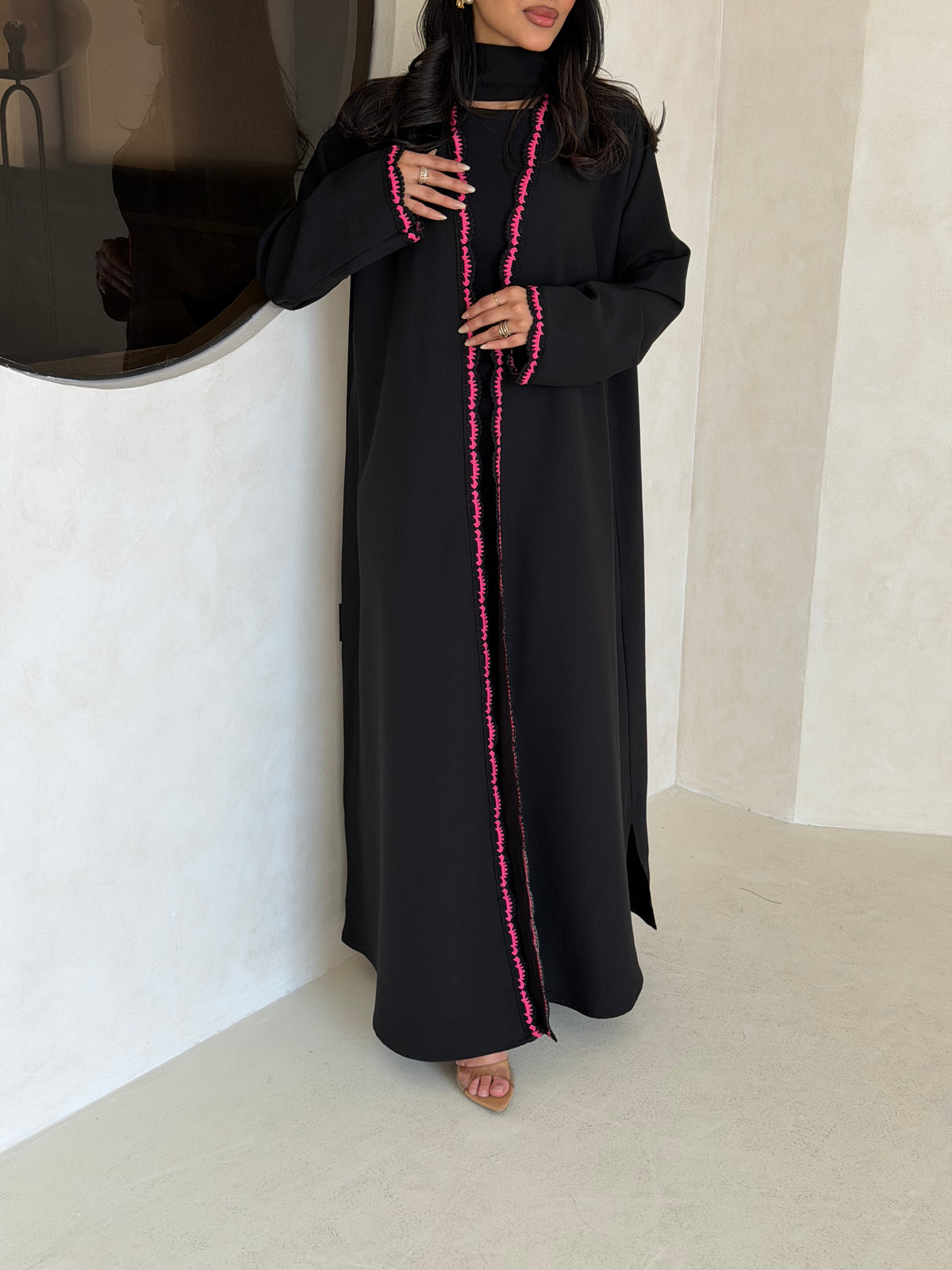 FAB346- Pink Crochet Black Crepe Klosh-Cut Abaya with Headscarf