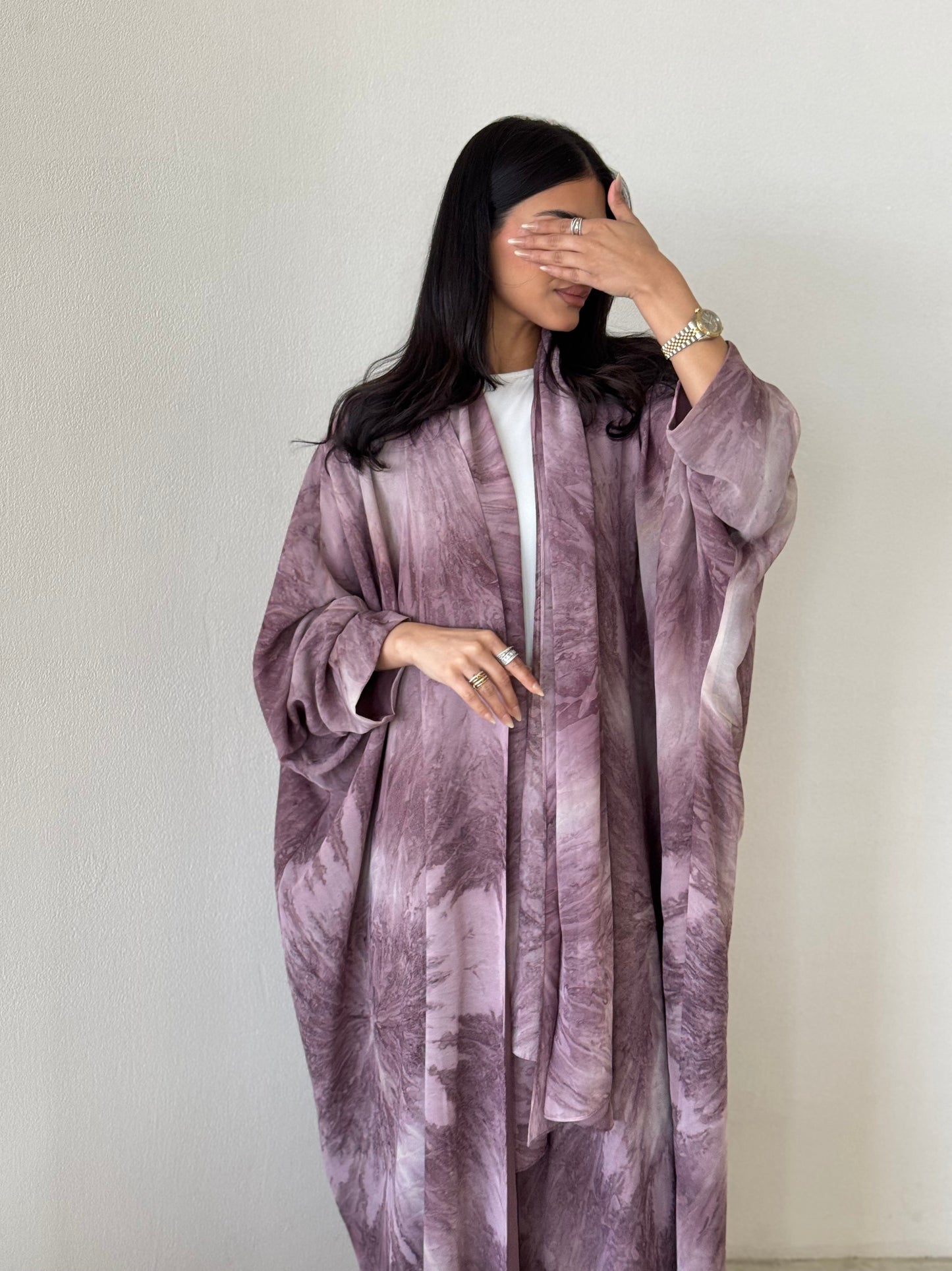 FAB174- Pink Shimmer Chiffon Bisht- Cut Summer Abaya with matching headscarf