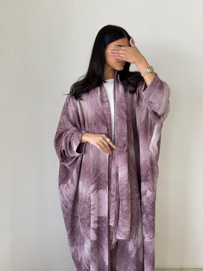 FAB174- Pink Shimmer Chiffon Bisht- Cut Summer Abaya with matching headscarf