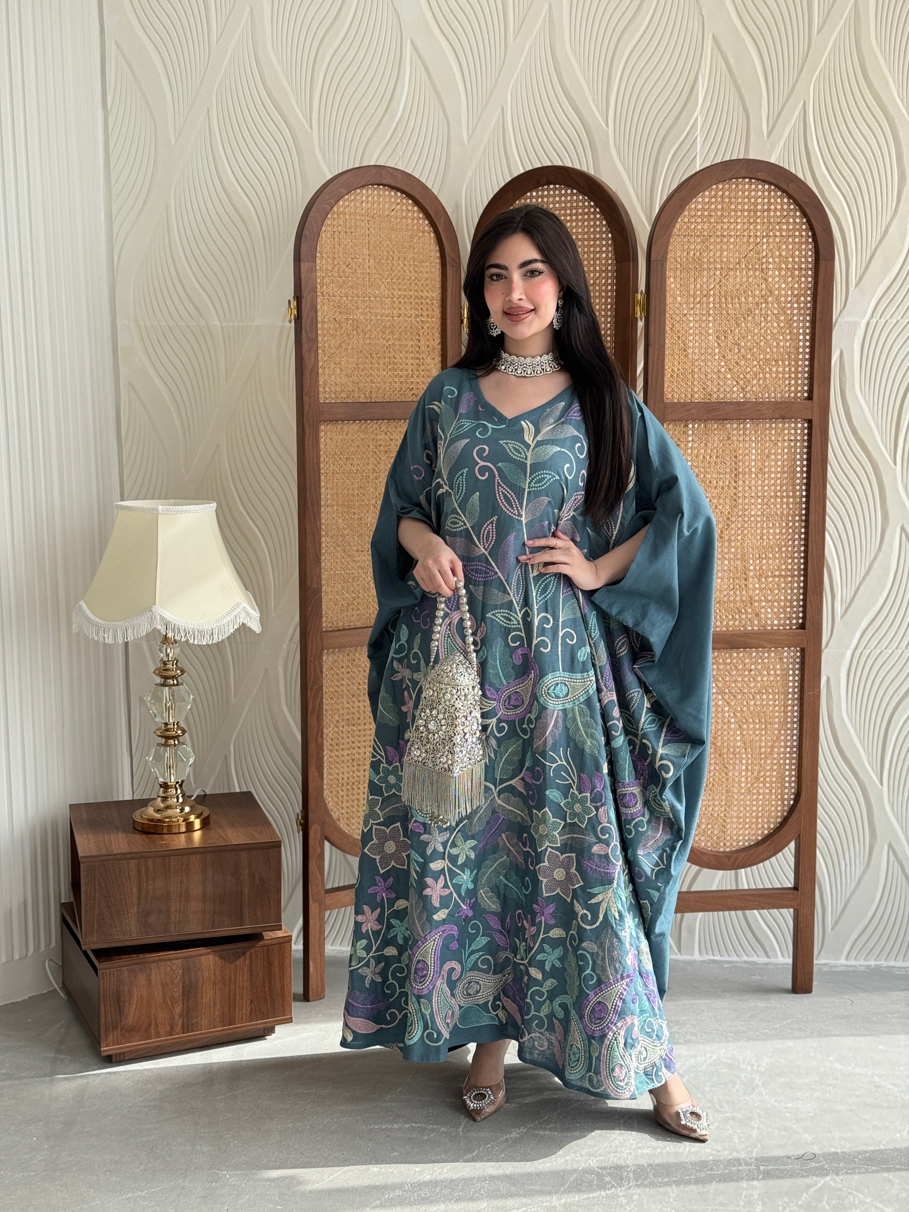FAB263-Teal Blue Linen free-size jalabiya with elegant multicolor embroidery