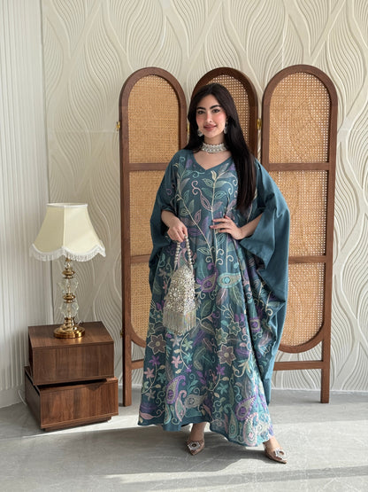 FAB263-Teal Blue Linen free-size jalabiya with elegant multicolor embroidery