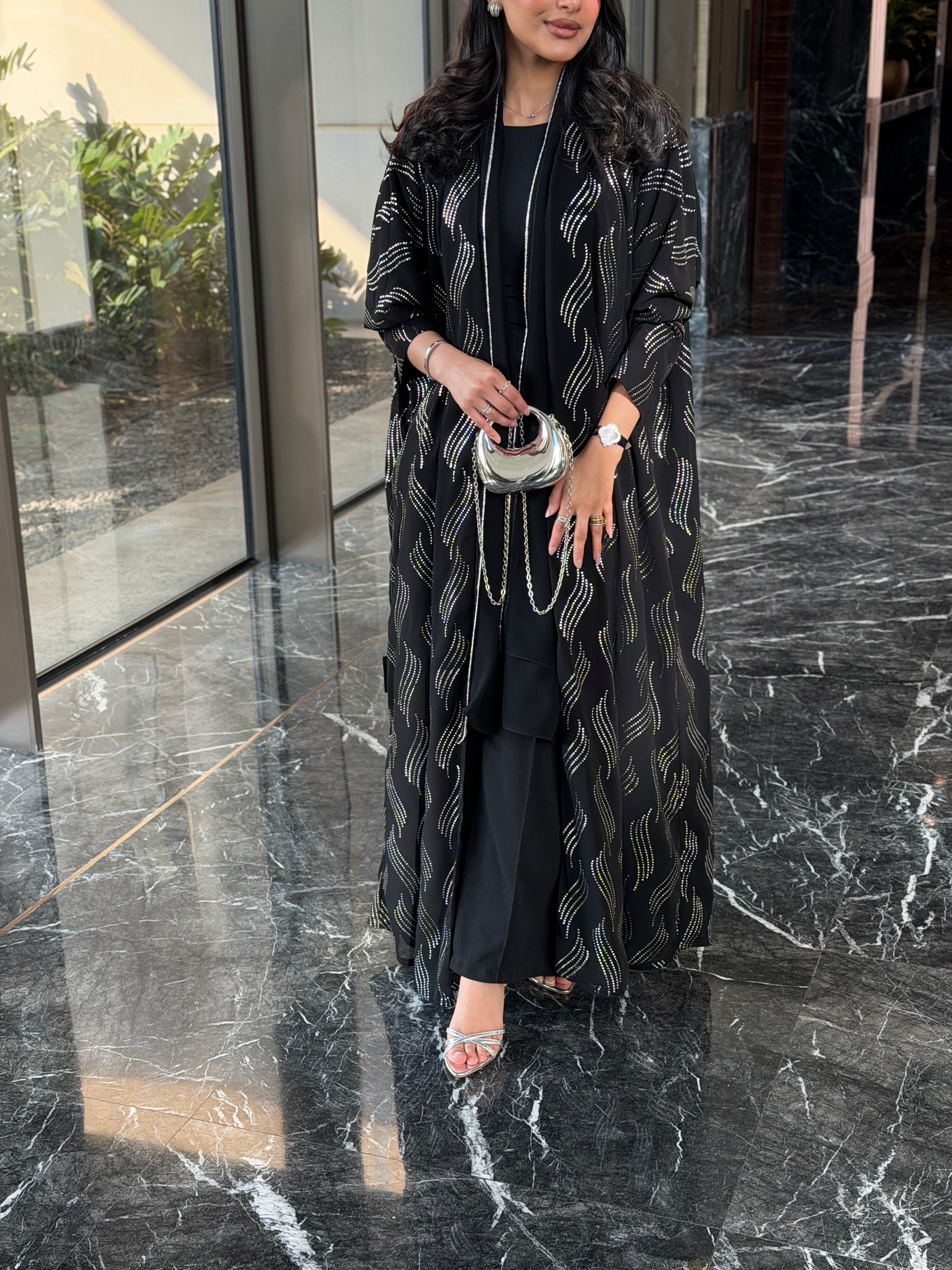 FAB339 – Elegant Black Chiffon Abaya with Silver Naqda Embroidery, Half-Bisht Cut & Matching Headscarf