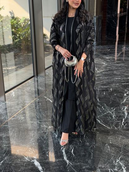FAB339 – Elegant Black Chiffon Abaya with Silver Naqda Embroidery, Half-Bisht Cut & Matching Headscarf