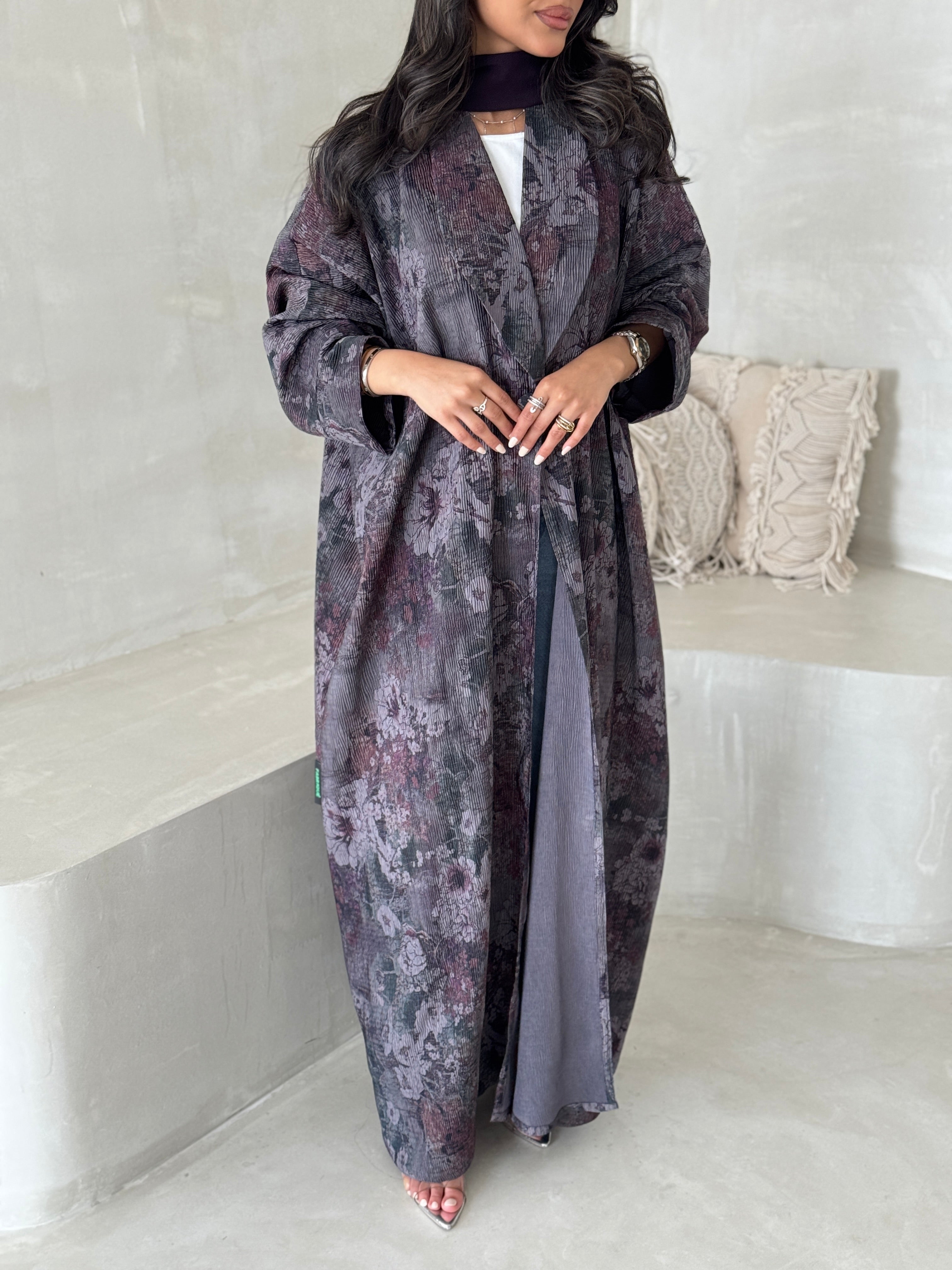 FAB199-Grey Pleats Half-Bisht Summer Abaya with matching headscarf