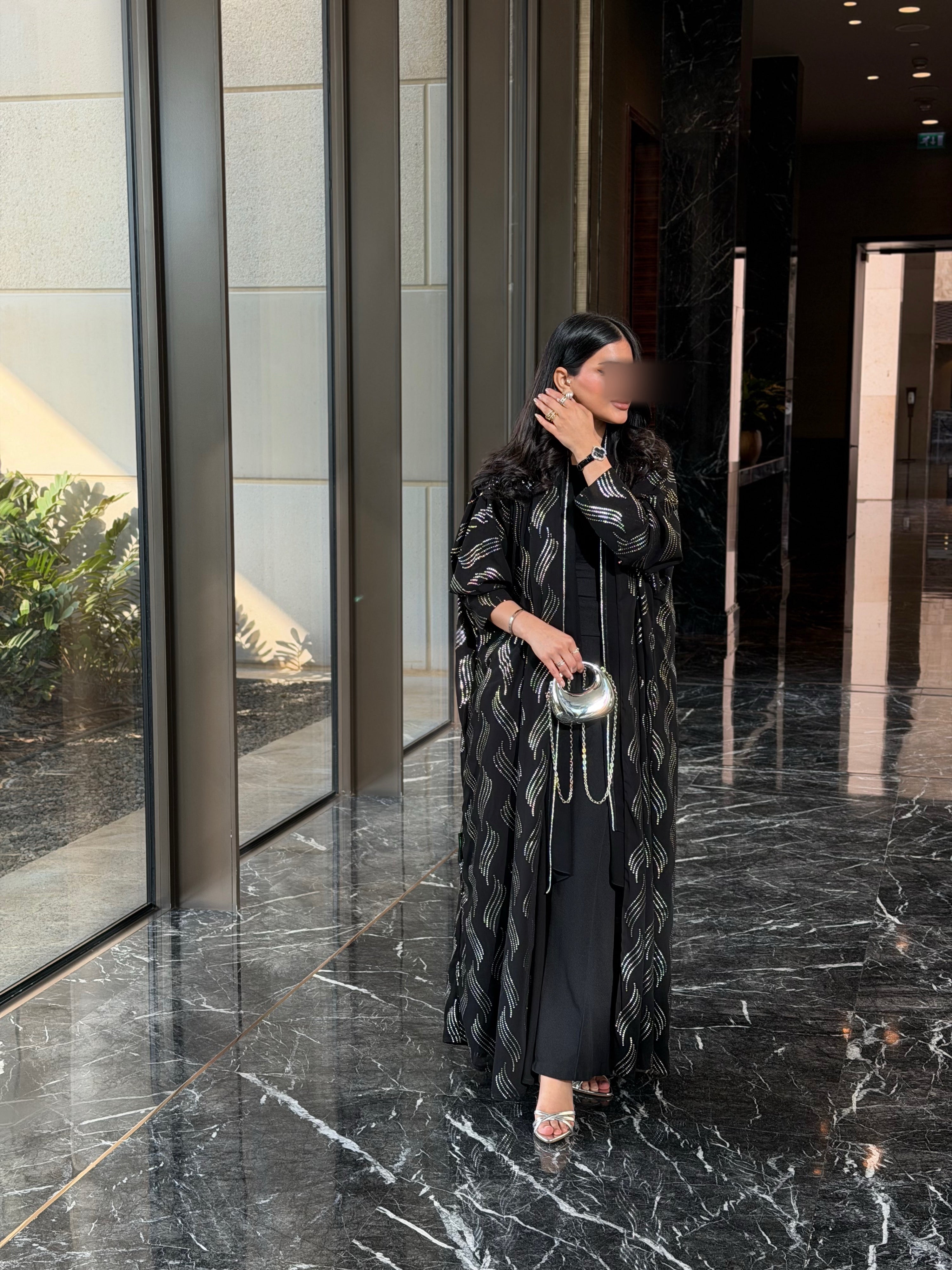 FAB339 – Elegant Black Chiffon Abaya with Silver Naqda Embroidery, Half-Bisht Cut & Matching Headscarf