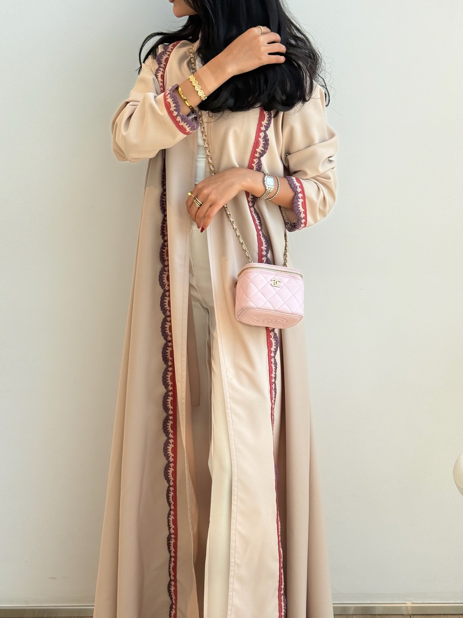 FAB325- Beige Pink Crochet Crepe A-Cut Abaya with matching headscarf