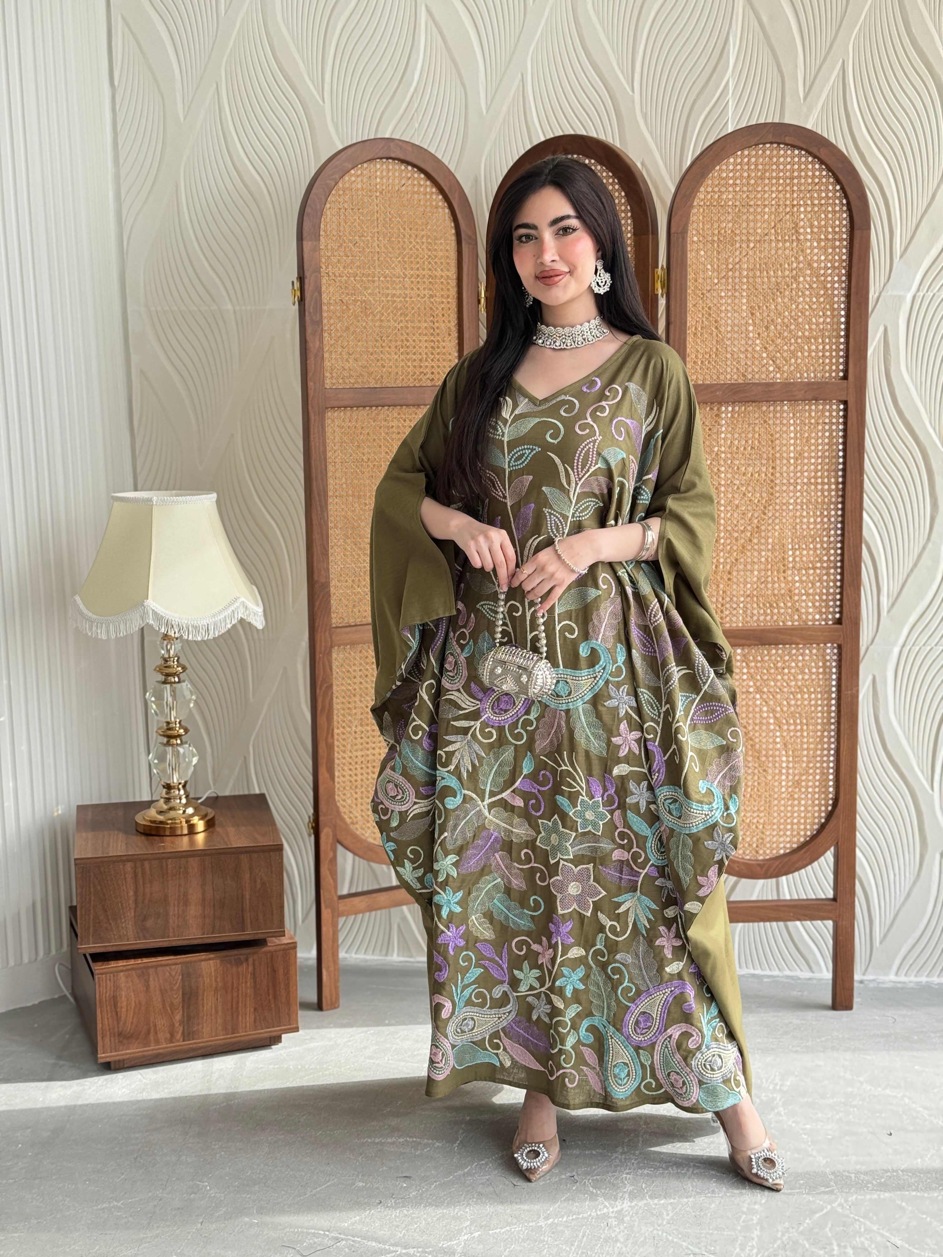 FAB264-Khaki Olive Linen free-size jalabiya with elegant multicolor embroidery