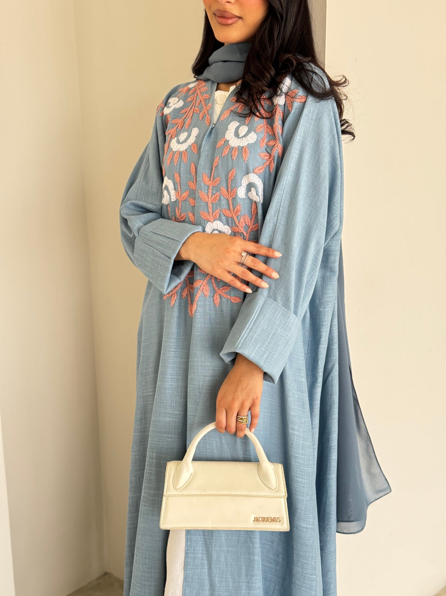FAB186- Blue Summer Linen - Half-bisht cut Abaya