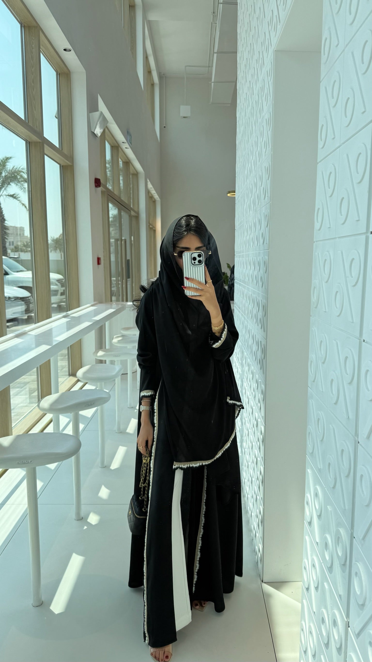 FAB326- Beige Black Crochet Crepe A-Cut Abaya with matching headscarf