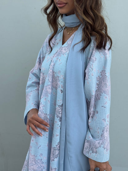 FAB299- Pink and Blue Lace and Linen Summer A-Cut Abaya