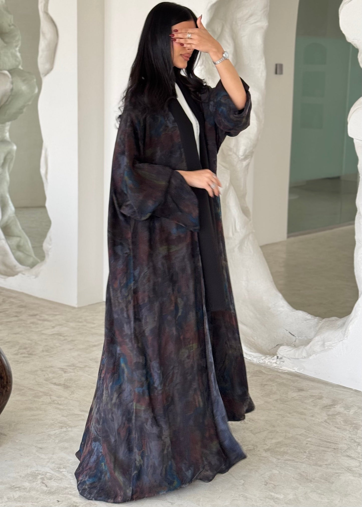 FAB157-Smoky Brown Jacquard A-Cut Abaya