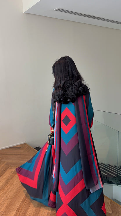 FAB327- Red blue printed rainbow straight-cut abaya with matching headscarf