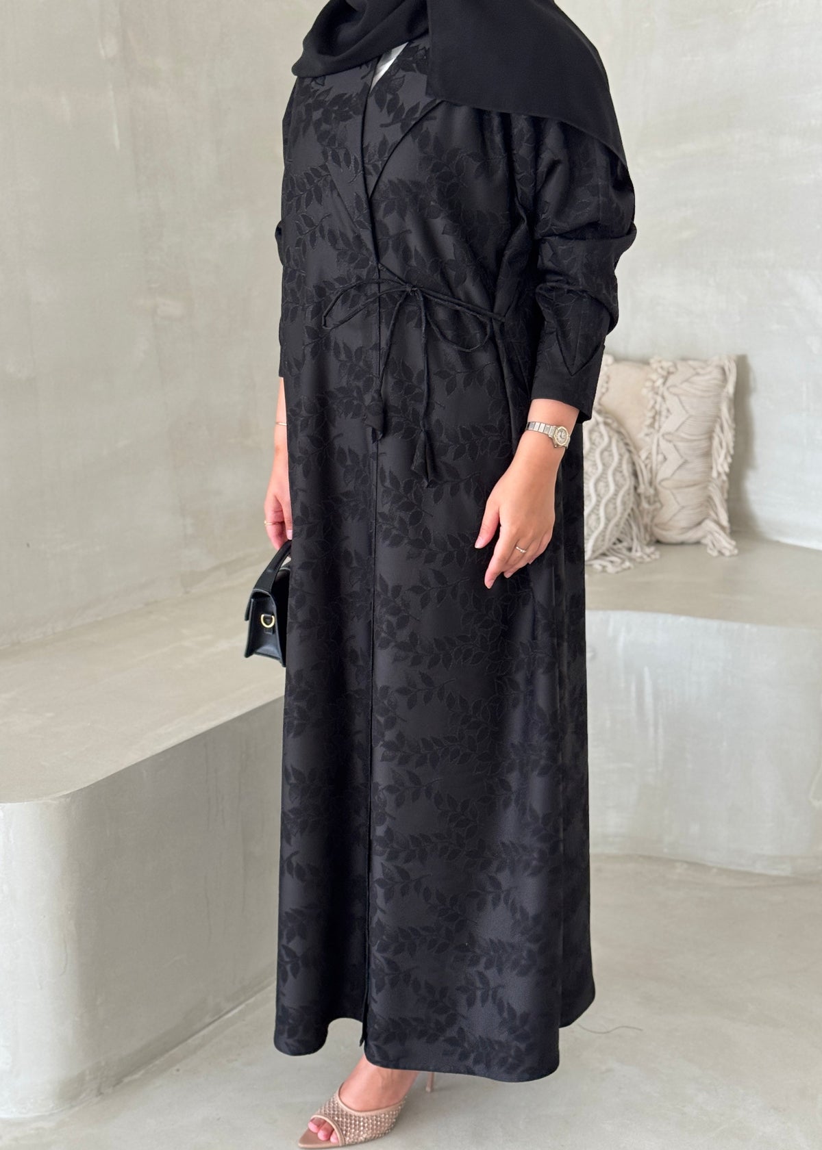 FAB194- Black Collar Blazer Cut Abaya with headscarf
