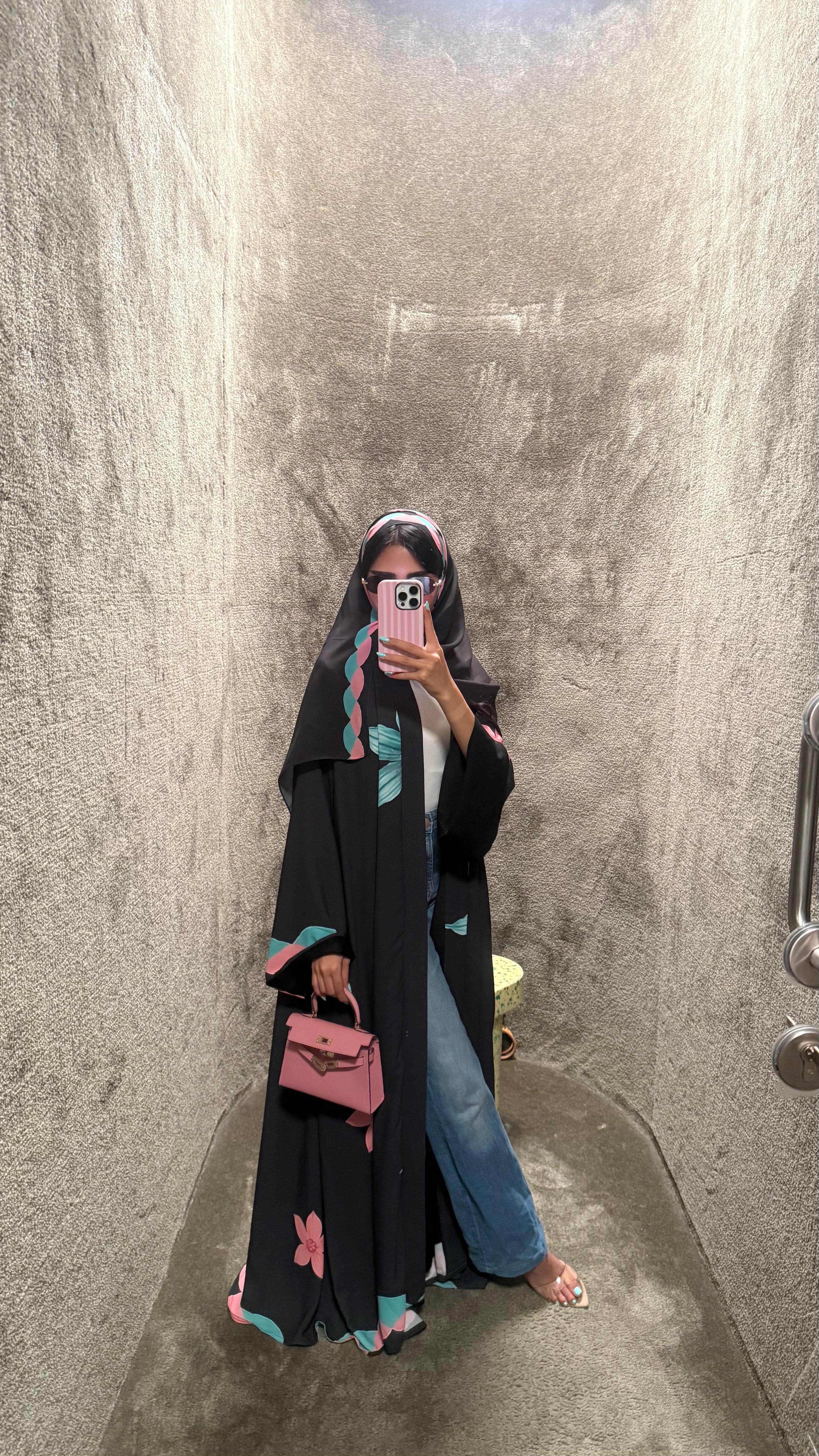 FAB324-Black Pink and Green Floral Print abaya and headscarf- Straight Cut